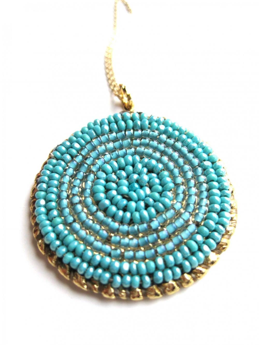 Turquoise Bead Embroidered Pendant