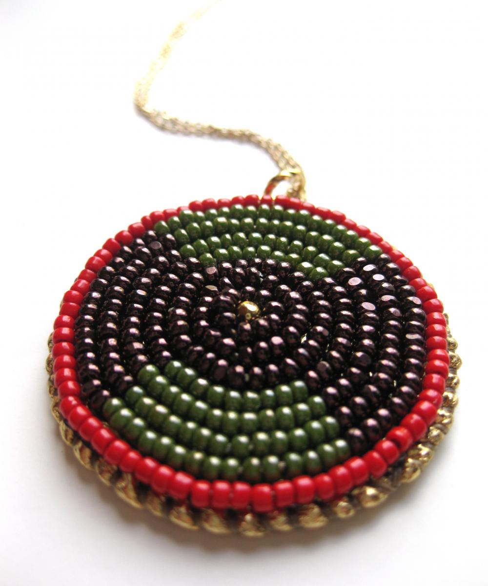 Bead Embroidered Red, Gold Olive And Purple Pendant Necklace With Gold Chain