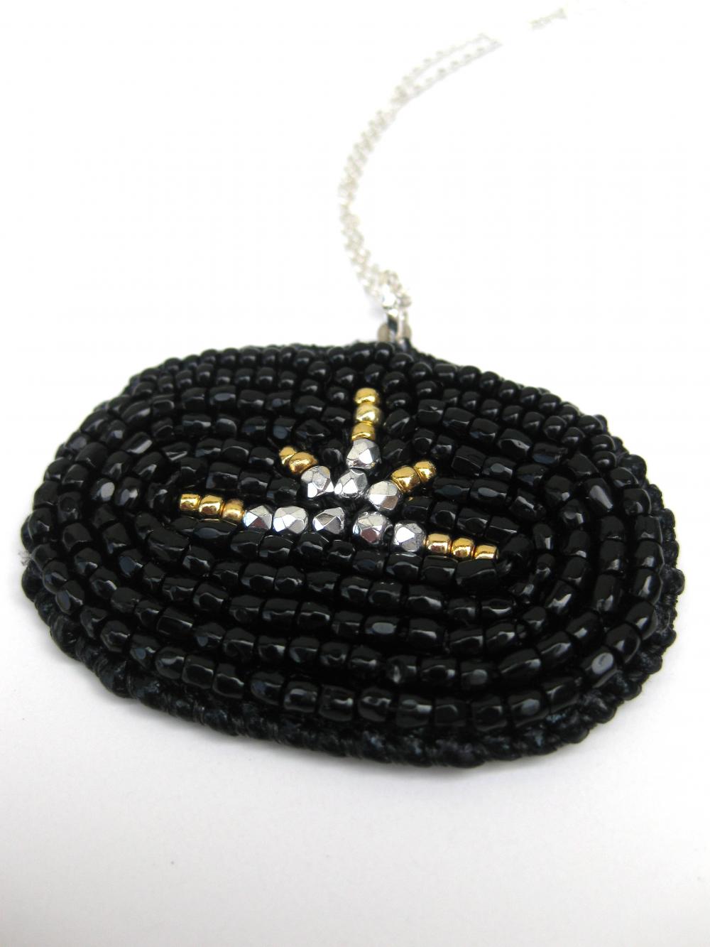 Sunset. Black Gold And Silver Faceted Bead Embroidered Pendant On Silver Delicate Chain