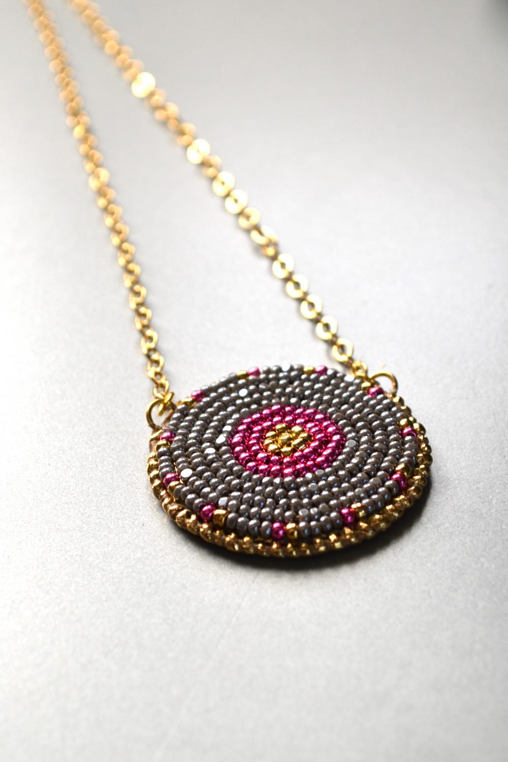 Pink And Gray Seed Bead Embroidered Pendant On Gold Plated Chain